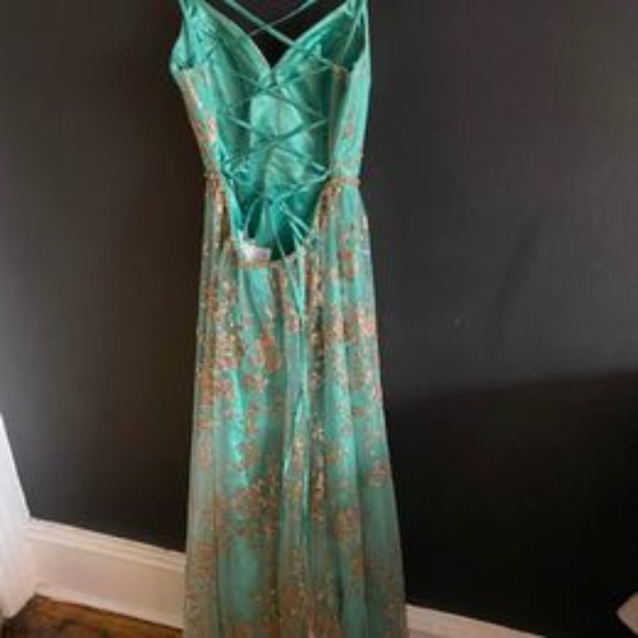 Teal and Gold Floral Prom Dress - Picture 9 of 10